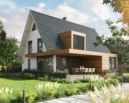 Modernes Haus mit Rollläden und Raffstore Neubau Haus in weiß mit Holzakzenten