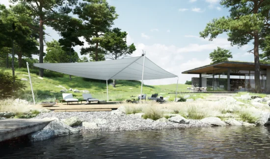 Moderner Garten mit Sonnensegel und Holzterrasse am Wasser