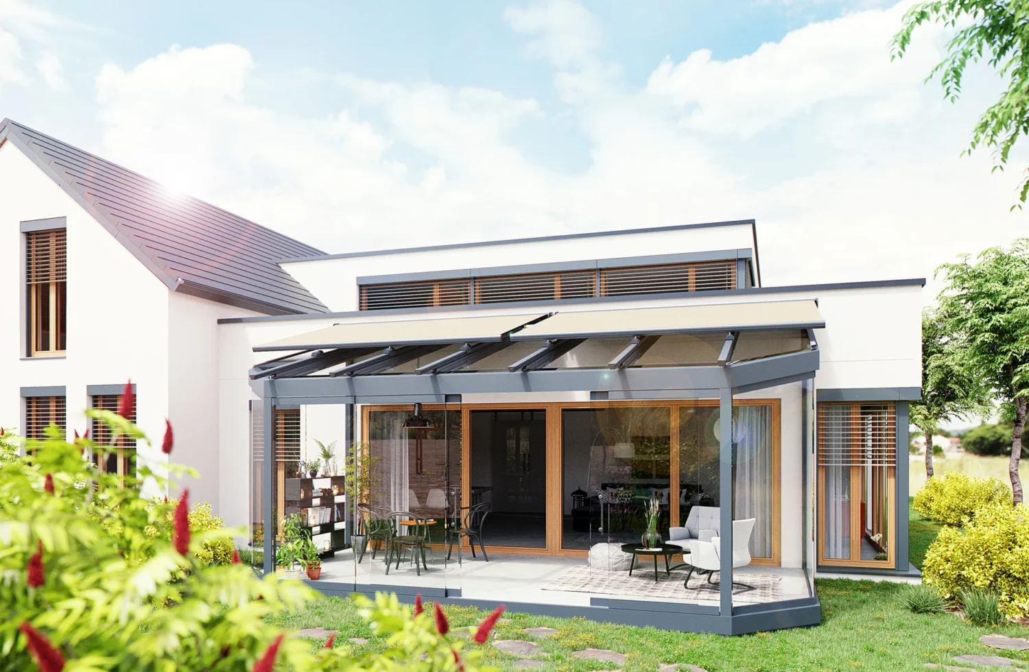 Modernes Einfamilienhaus mit Glasveranda und Garten