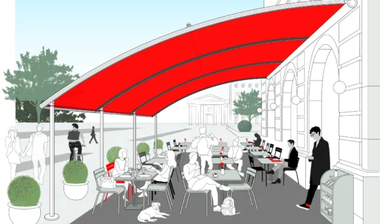 Illustration eines Straßencafés mit roter Markise und Menschen, die sich entspannen
