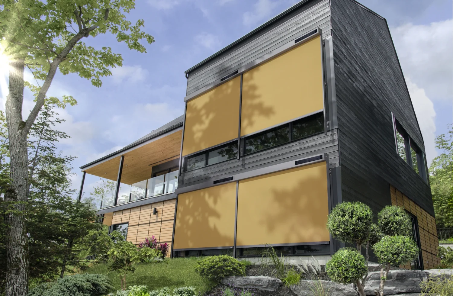 Modernes Haus mit Sonnenschutz und grüner Landschaft