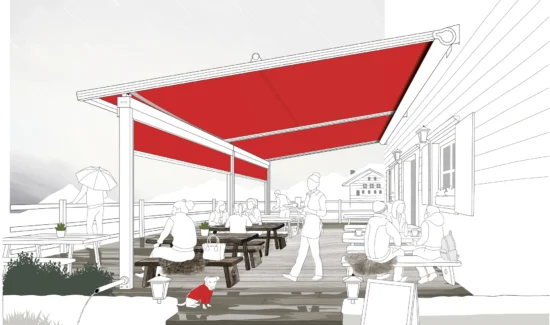 Illustration eines gemütlichen Außenbereichs mit rotem Sonnenschutz und Menschen, die an Holztischen sitzen